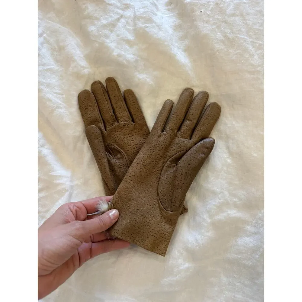 Vintage Brown Leather Gloves, Fur Lining – Size M